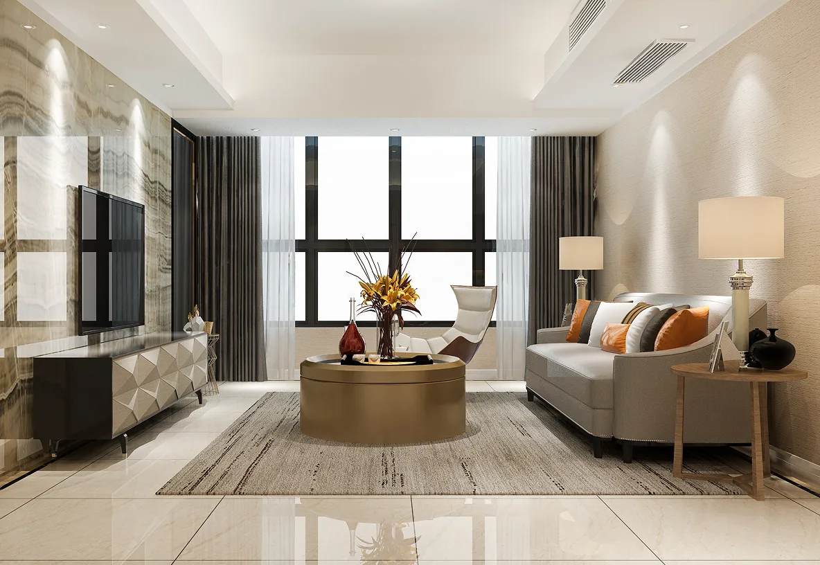 Modern living room interior with sofa, marble acc	ent wall, and natural light